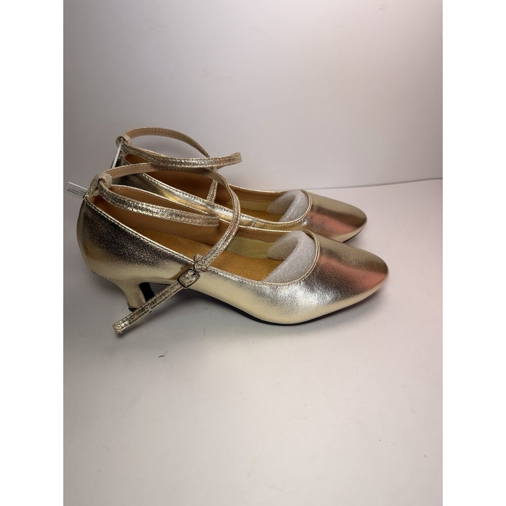 Women's Gold Metallic Cross Strap Ballroom Latin Dance Shoes Sz 9 EU 41 Low Heel